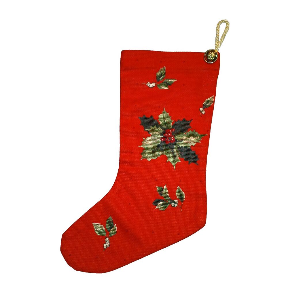 Hallmark Cross Stitch Christmas Stocking Holly Leaves & Berry Berries 13x6 inch